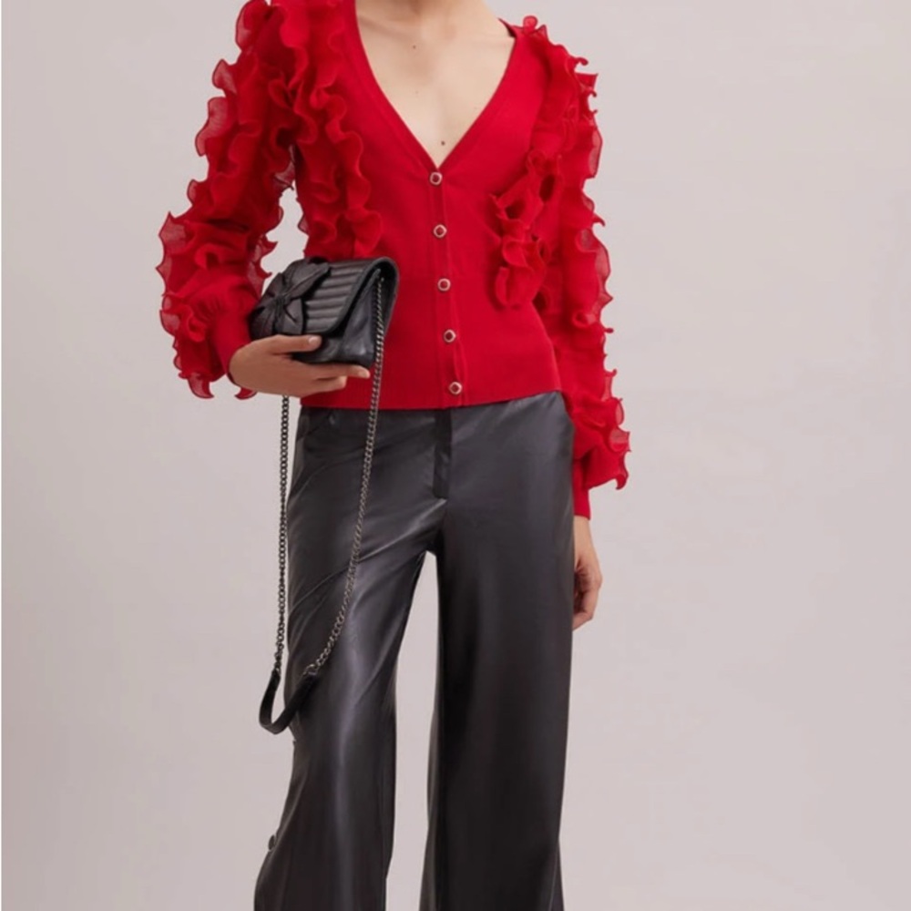 Anne Fontaine Celine Cardigan Elegant Red Ruffle Sweater, size 12 or 44 Parisian - Picture 3 of 6